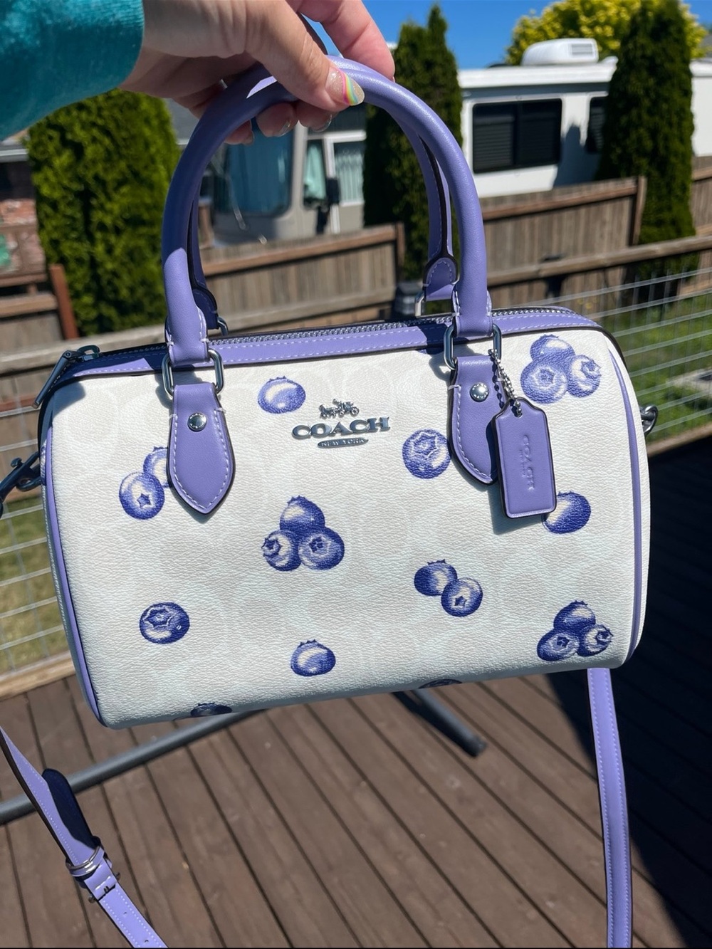 Coach Rowan Satchel with Blueberry Print and Lavender Trim